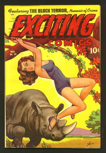 Charging Animal - Swinging On Vine - Tree - Black Terror - Nemesis Exciting Comics 58 - Charging Animal - Swinging On Vine - Tree - Black Terror - Nemesis