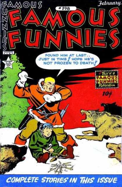 Famous Funnies 198 - White Snow - Wolf-like Animals - Green Tree - Young Person On Ground - Protective Rescuer