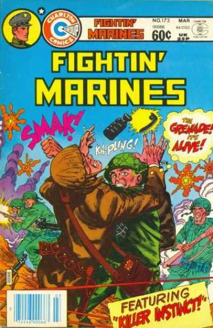 Fightin' Marines 173 - Killer Instinct - The Grenade Its Alive - Soliders In Green Helmets Fighting - Shotguns Being Fired - Yellow And Orange Explosions