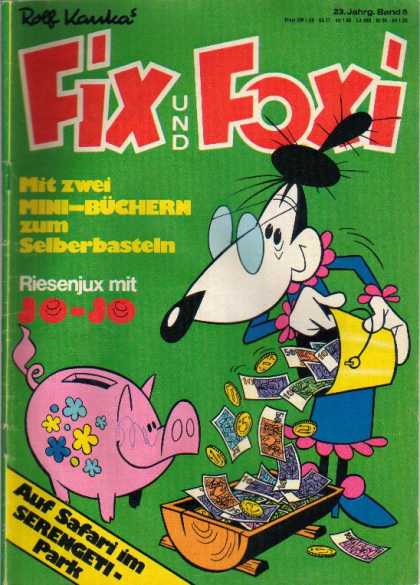 Fix und Foxi 996 - Rolf Kauka - Pink Piggy Bank - Yellow Bucket - Wood Trough - Blue Dress