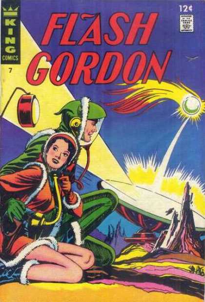 Flash Gordon 7 - Solar Reflecting Dish - Man In Green Fur Space Suit - Comet - Woman In Orange Fur Space Suit - Brown And Purple Planet - Dan Jurgens