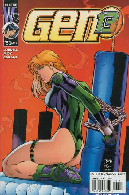 Gen13 51 - Woman In Chains - Green Boots - Pseudo Bondage - Blonde Woman - Green And Purlpe Leotard - Ed Benes