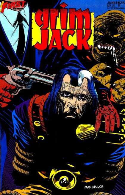 Grimjack 35 - Gun - Drooling Monster - Tied Up - Red Gloves - Blue White Hair