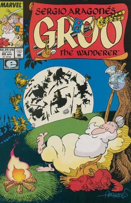 Groo the Wanderer 88 - Sergio Aragoes - Old Man With White Beard Sleeping - Shaggy Red Dog Sleeping - Warrior Tossing Others Into The Air - Camp Fire