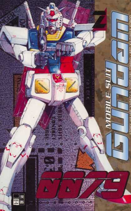 Gundam 0079 2 - Mobile Suit - Danger Warning Signs - Large White Mecha Robot - White Laser Guns - Yellow Arrows