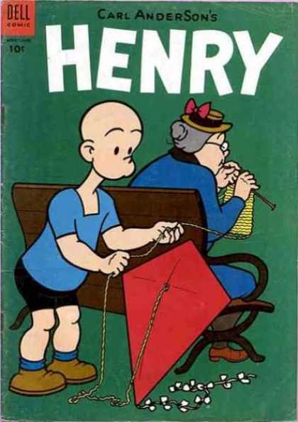 Henry 42 - Park Bench - Knitting Needles - Old Lady - Kite - Blue Tee Shirt