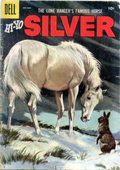 Hi-Yo Silver 21 - The Lone Rangers Famous Horse - Dell - Rabbit Snow With Grass - Grey Clouds - Horse Looking At Rabbit