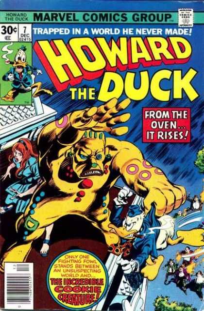 Howard the Duck 7 - Trapped In A World He Never Made - From The Oven It Rises - Howard Fighting A Cookie - Woman Behind Giant Cookie Monster - Cookie Monster Howard In Hand - Gene Colan