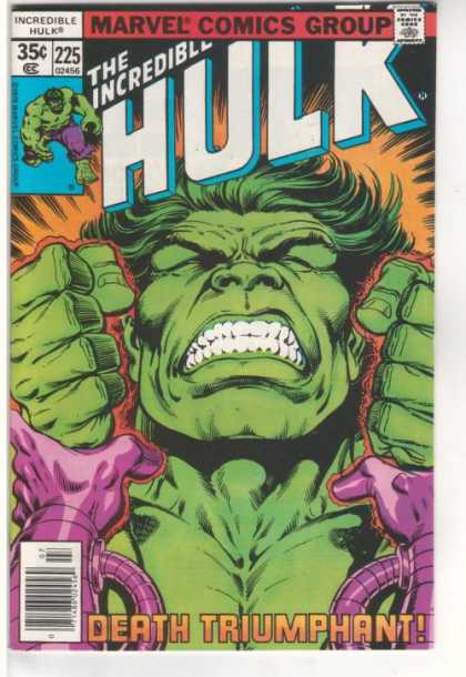 Hulk 225 - Hulk Grimacing - Clenched Fists - Orange Glow - Death Triumphant - Wrists Held By Purple Mechanical Hands - Josef Rubinstein
