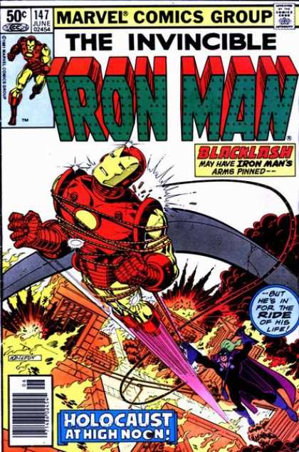 Iron Man 147 - The Buildings Are Under Fire - The Iron Man Tied With Rope - But Hes In For The Ride Of His Life - Holocaust All High Noon - Some One Pulling The Rope In Down When The Iron Man Flying - Bob Layton