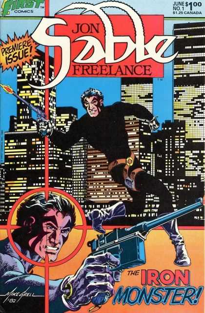 Iron Monster - City Buildings - Black Outfit - Black Boots - Guns - Mike Grell Jon Sable Freelance 1 - Iron Monster - City Buildings - Black Outfit - Black Boots - Guns - Mike Grell