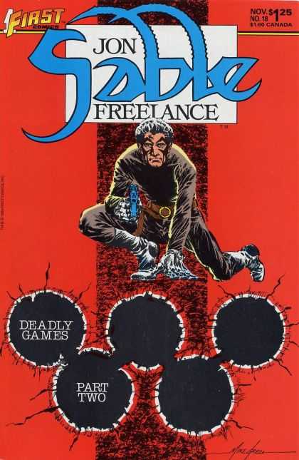 Jon Sable Freelance 18 - Free Lance - Gun - Crouching - Bullet Holes - Belt - Mike Grell