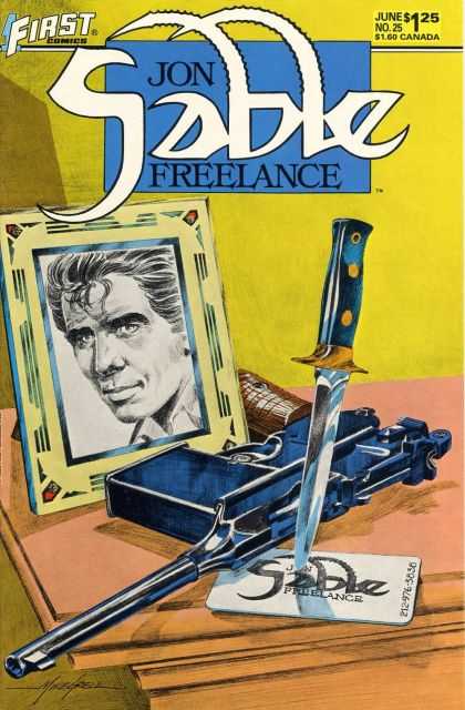 First Comics - Knife - Picture - Gun - June No 25 - Mike Grell Jon Sable Freelance 25 - First Comics - Knife - Picture - Gun - June No 25 - Mike Grell