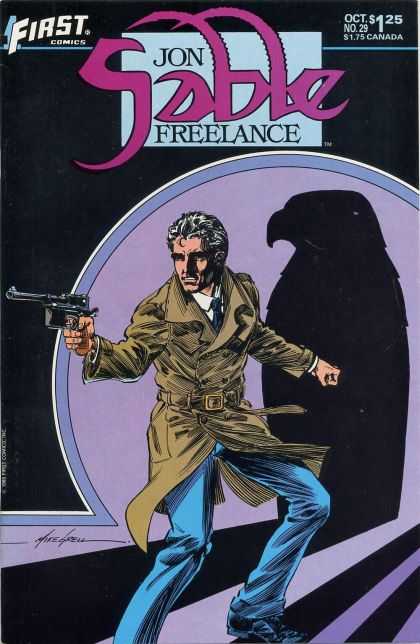 Jon Sable Freelance 29 - Falcon - Gun - Trench Coat - First Comics - Grey Hair - Mike Grell