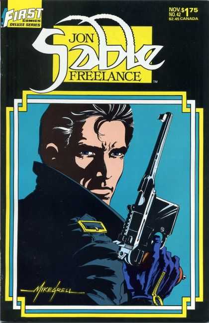 Black Hair - Gun - Posing - Gold Zippers - Collar-up - Mike Grell Jon Sable Freelance 42 - Black Hair - Gun - Posing - Gold Zippers - Collar-up - Mike Grell