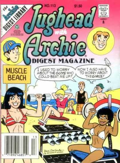 Jughead with Archie Digest 113 - Girls Working Out On The Beach - Boys Worried About The Girls Beating Them Up - Archie - Jughead - Veronica