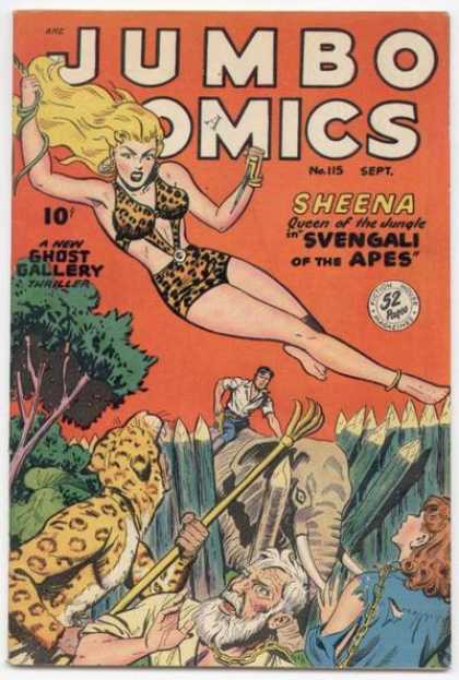 Jumbo Comics 115 - Sheena - Elephant - Sheena Queen Of The Jungle In Svengali Of The Apes - 52 Pages - A New Ghost Gallery Thriller
