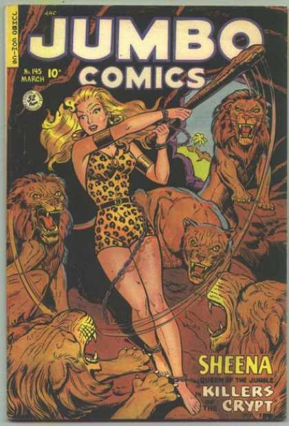 Jumbo Comics 145 - Lions - Cave Woman - Woman Fighting Lions - Leotard - Woman With Club