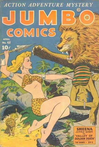 Jumbo Comics 62 - Lion - Jungle - Action Adventure Mystery - April No 62 - Sheena Jungle Queen