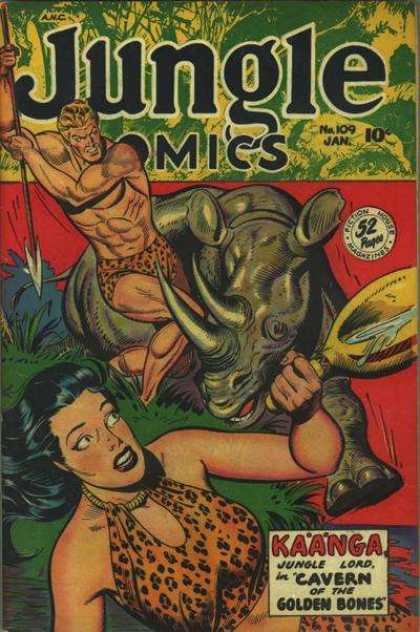 Jungle Comics 109 - Man - Woman - Spear - Rhino - Trees