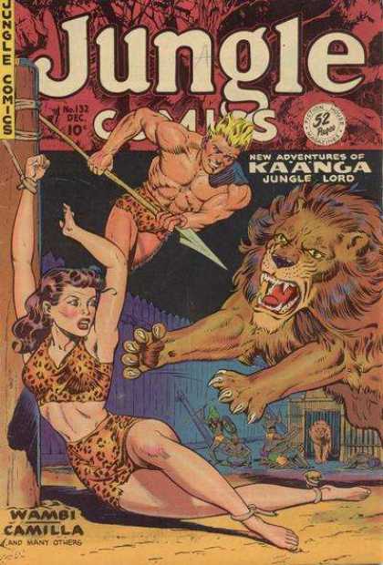 Jungle Comics 132 - Lion - Spear - Woman Tied Up - Rope - Pole