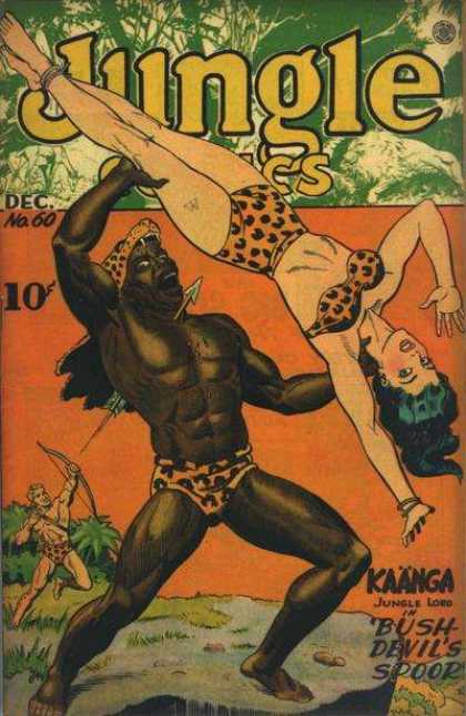 Jungle Comics 60 - Kaanga Jungle Lord - Bush Devils Spoor - Woman In Leopard Print Bikini - Man With Bow And Arrow - Man In Leopard Skin Hat Being Shot With Arrow
