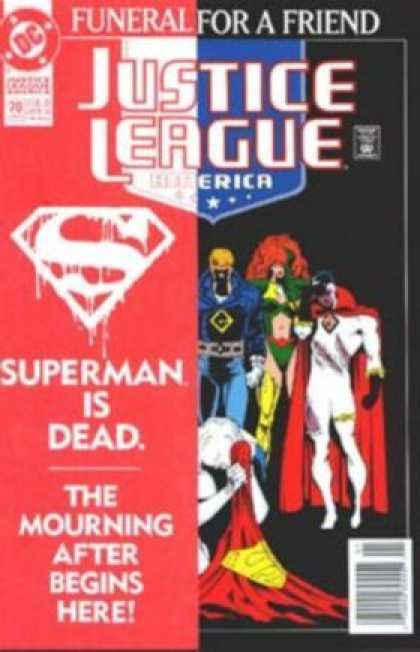 Justice League America 70 - Funeral For A Friend - Superman Is Dead - The Mourning Of A Hero - Sad Superheroes On The Front Cover - Black And Red Background - Dan Jurgens