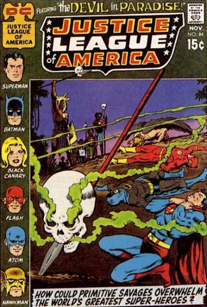 Justice League of America 84 - The Devil In Paradise - Primitive Savages - Superman - Flash - Skull - Curt Swan