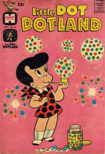 Little Dot Dotland 14 - Harvey Comic - Blowing Bubbles - Polka Dots - Pipe - Bursting