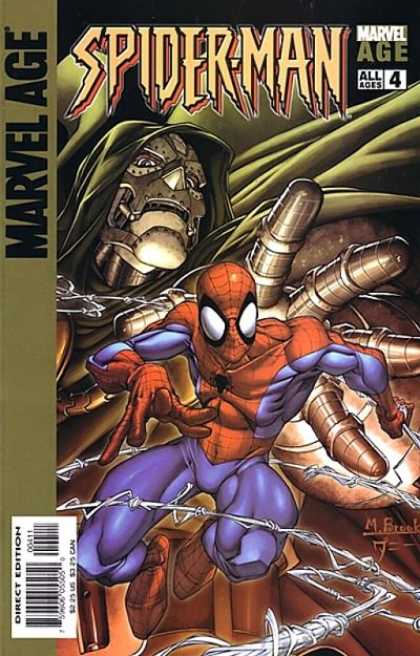 Marvel Age Spider-Man 4 - Fantasy Art - Mechanical Menace - Spiderman Protecting Himself - Men Wearing Odd Costumes - Spiderman Is Dwarfed By The Machine