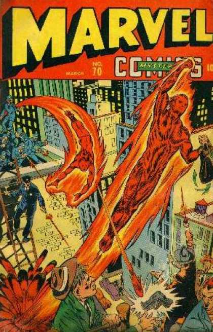 Marvel Comics 70 - Fire Man - Gun - Buildings - People - Hat