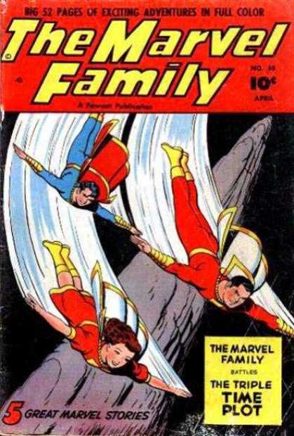 Marvel Family 58 - Escalating Down With Arms Spread - Capes - Steep Stone Column - Dad - Boy And Girl