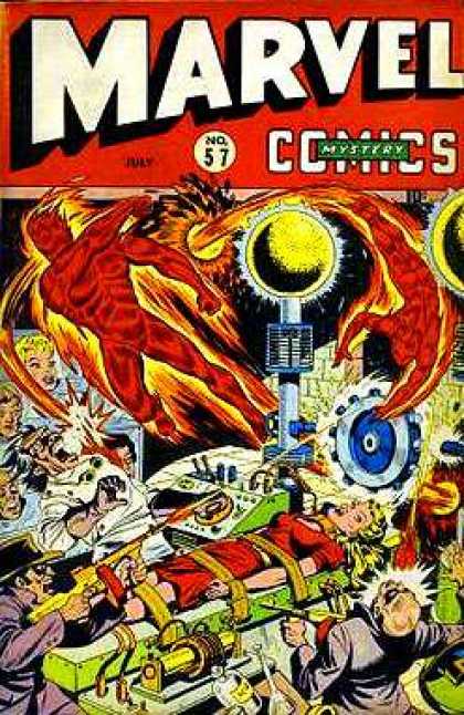 Marvel Mystery Comics 57 - Marvel Comics - Human Torch - Red Dress - Yellow Gun - Mad Scientist