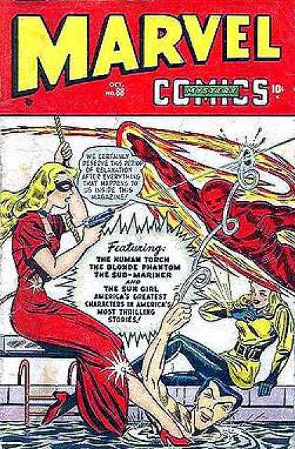 Marvel Mystery Comics 88 - Red Dress - Gun - Swimming Pool - Red High Heels - Rope