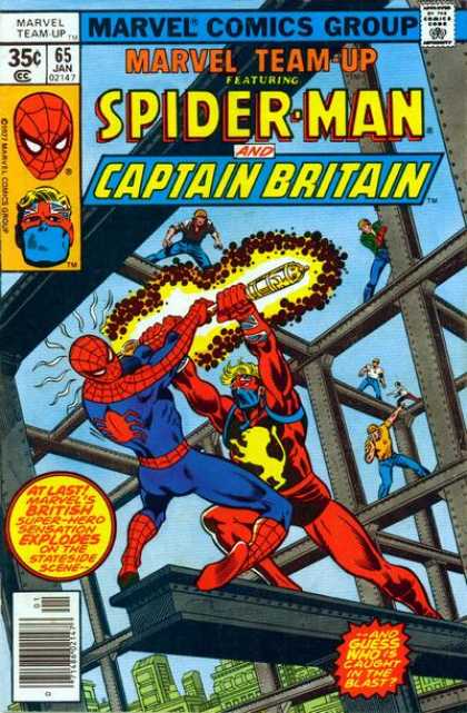 Marvel Team-Up 65 - Spider-man - Captain Britain - Construction Workers - Metal Beams - Fighting - George Perez, Joe Sinnott