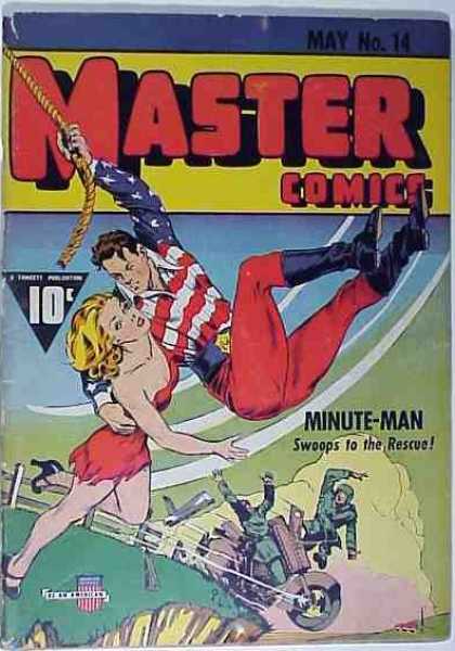 Master Comics 14 - Minute-man - Motorcycle - Rope - Cliff - Swoops To The Rescue