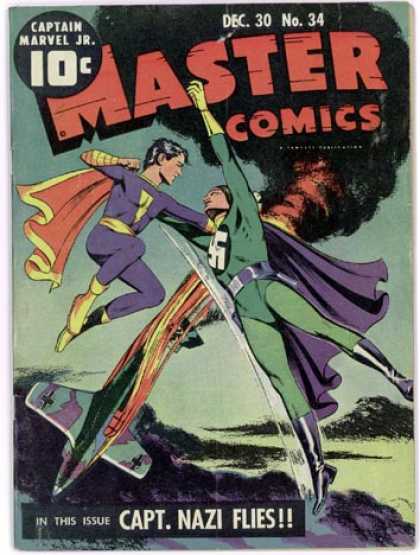 Master Comics 34 - Captain Marvel Jr - Captain Nazi - Plain Engulfed In Flames - Flight - Sky