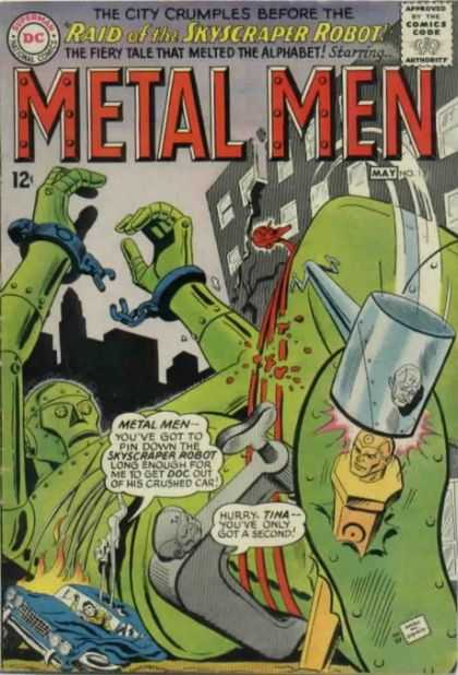 Skyscraper Robot - Dc Comics - Fiery Tale That Melted The Alphabet - City Crumbles - May - Ross Andru Metal Men 13 - Skyscraper Robot - Dc Comics - Fiery Tale That Melted The Alphabet - City Crumbles - May - Ross Andru