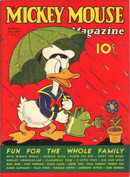 Mickey Mouse Magazine 19 - Green Umbrella - Rain Drops - Watering Can - Flower - Donald Duck
