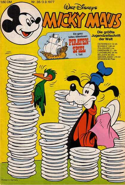 Micky Maus 1133 - Pirate Ship - Pluto - Dishwashing Duty - Stacks Of Bowls - Green Parrot
