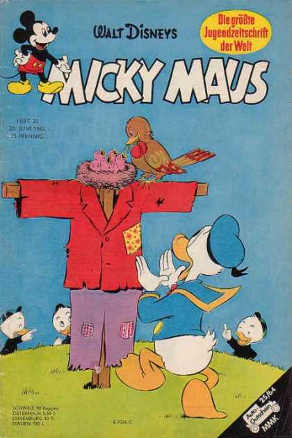 Micky Maus 444 - German Disney Comic Book - Mickey And Donald - Huey Duey And Luey - Scare Crow With Bird - June 1964 Issue