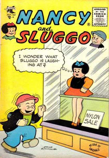 Nancy and Sluggo 134 - Approved By The Comics Code Authority - Cap - Nylon Male - July - I Wonder What Sluggo Is Laughing At