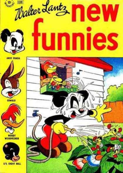 New Funnies 124 - Walter Lantz - Ther Are Few Funnes In The Picher - Micky Porring Water For The Plantsbut Hen Porring The Water Into The Mickys Head - All The Bees Are Shouting To Stop The Water - The Hen Is Singing The Song Without Seeing Where The Water Is Porring