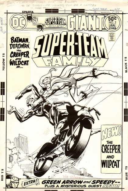 Original Cover Art - Super-Team Family #2 cover (1975) - Batman Deadman - New The Creeper And Wild Cat - Motorbike - Green Arrown And Speedy - Plus A Mysterious Guest Star