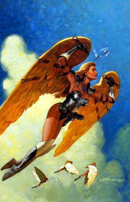 Original Cover Art - Amazing Stories #600 Huge Cover Painting (1999) - Wings - Woman - Costume - Sky - Clouds
