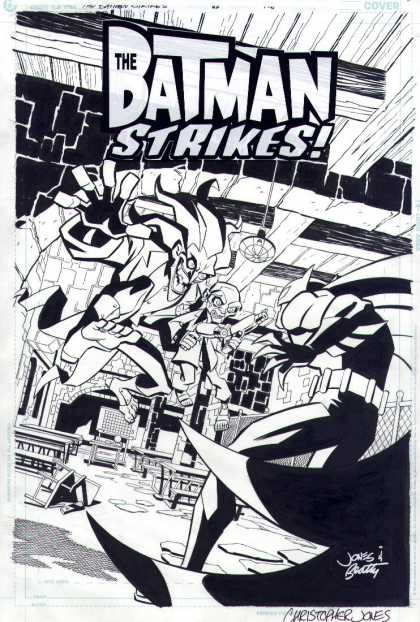 Original Cover Art - The Batman Strikes #28 Cover - Christopher Jones - Black And White Graphic - Overturned Broken Chair - Beamed Ceiling - Chain Link Fence