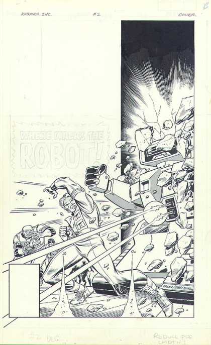 Original Cover Art - Kickers - Rob The Robot - Robot Smashing - Inked Sketch - Man Dodging Lasers - Robbers