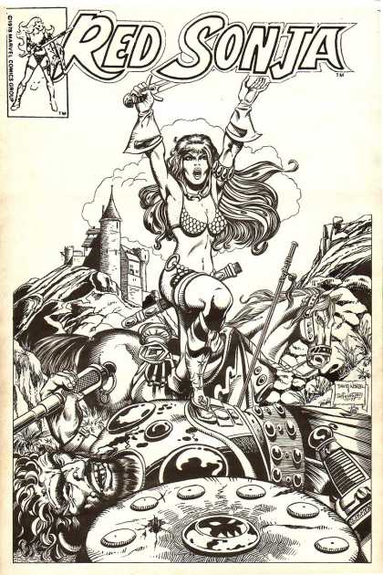 Original Cover Art - Red Sonja #12 cover 'unpublished' (1977) - Horse - Castle - Defeated Giant - Shield