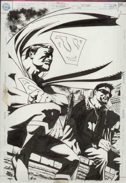 Original Cover Art - Hitman - Superman - Black And Whte - Glasses - Sitting On Parapet - Buildings