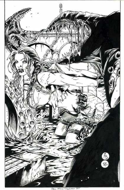 Original Cover Art - Tomb Raider - Adult Graphic Novels - Black And White - Fantasy - Adventure Babes - Grotesque Monsters